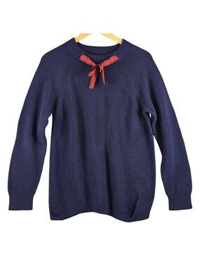 J.Crew Mercantile Women's Navy Knit Sweater L Red Plaid Bow Accent Raglan Sleeve